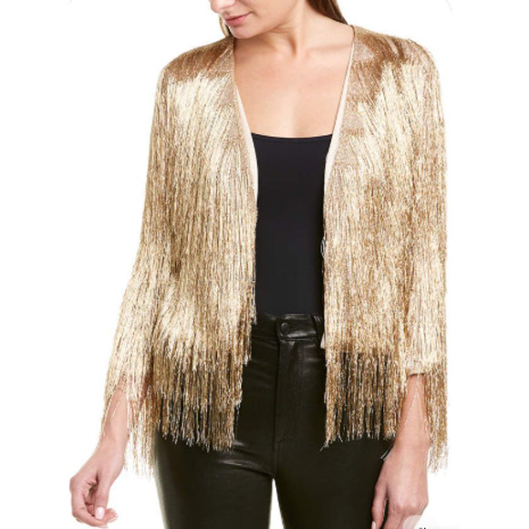NWT Rachel Zoe Isla Metallic Fringe Open Front Cardigan Sweater Gold Women's XS - Picture 1 of 6